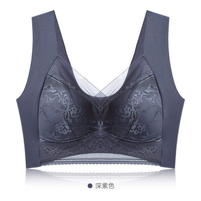 美背一体杯透气聚拢蕾丝无钢圈大码文胸内衣女
