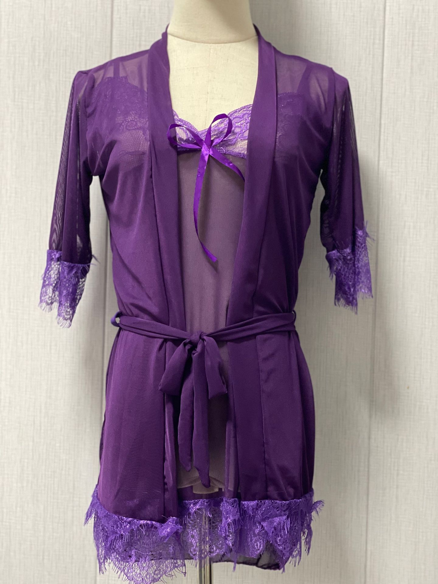 紫色【睡衣+睡袍+腰帶+内褲】