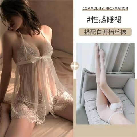 白色（開襟睡裙+T褲）+白色開檔襪